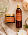 Two beauty products, a jar and a bottle, on a soft beige background with flowers.
