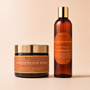 Two beauty products, a jar and a bottle, from The Naturals brand on a beige background.