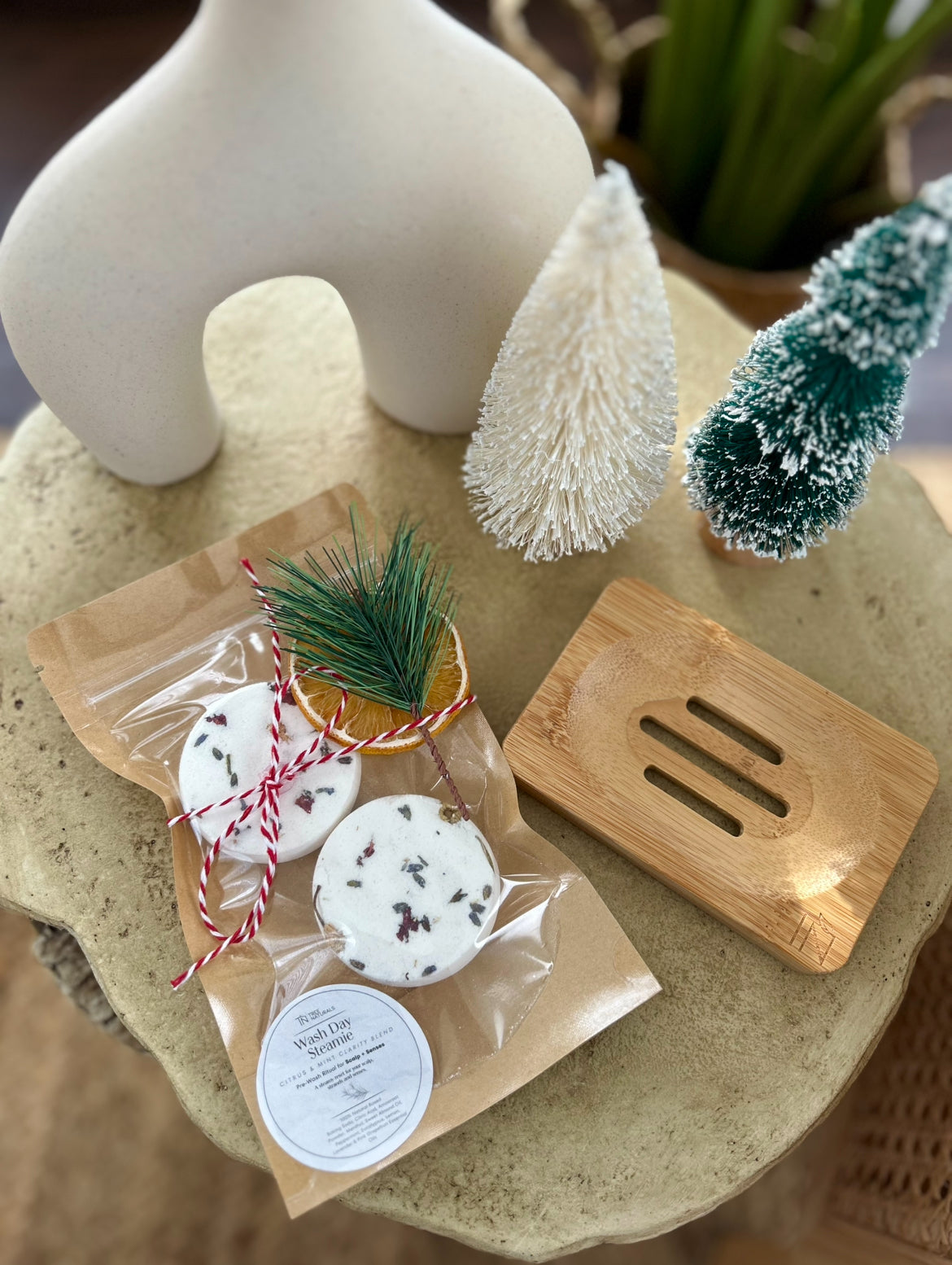 Deluxe Wash Day Steamies duo with matching bamboo tray, aromatherapy shower steamers that turn shower time into a spa moment.