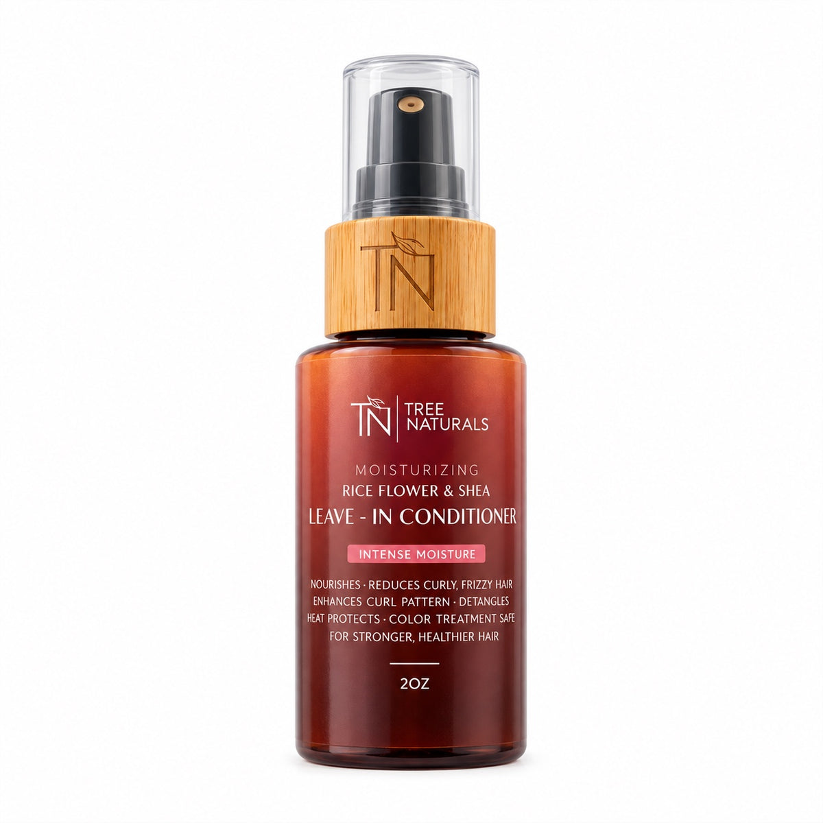 Tree Naturals Rice Flower & Shea Leave-In Conditioner, 2 oz bottle with bamboo collar and clear cap on a white background.