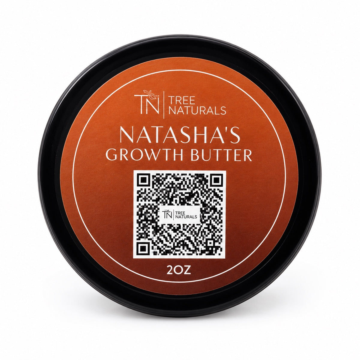 Tree Naturals Natasha's Growth Butter, 2 oz jar with an orange lid label and QR code on a white background.