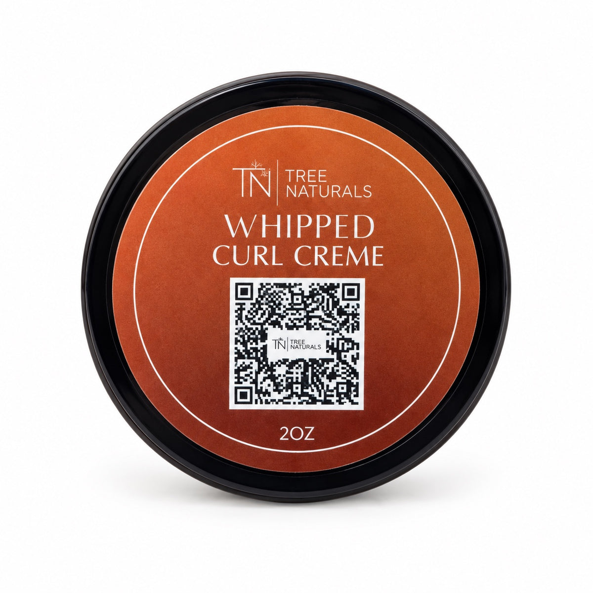 Tree Naturals Whipped Curl Creme, 2 oz jar with an orange lid label and QR code on a white background.